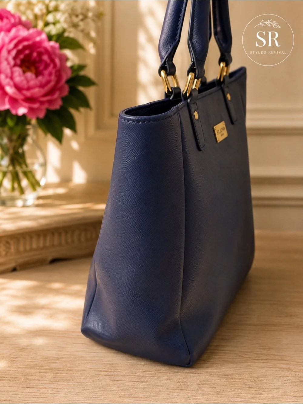 St. John XL Blue Saffiano Leather Work Tote Shopper Bag Gold Logo